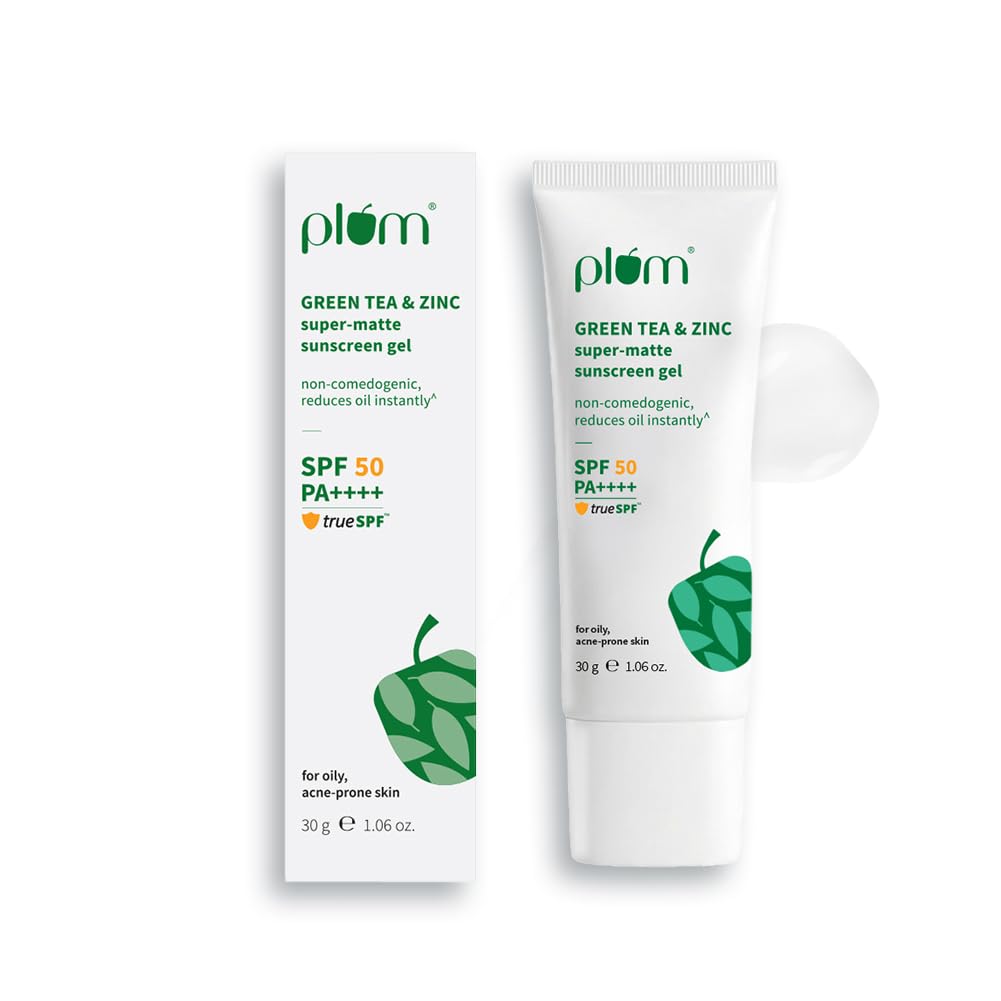 Plum Green Tea & Zinc Super-Matte Gel Sunscreen SPF 50 PA ++++ 30 g | Formulated for Oily, Combination and Acne Prone Skin | Protects & Controls Oil | Lightweight, No White Cast & Non-Sticky