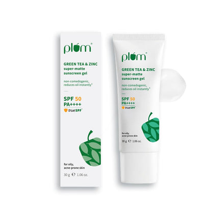 Plum Green Tea & Zinc Super-Matte Gel Sunscreen SPF 50 PA ++++ 30 g | Formulated for Oily, Combination and Acne Prone Skin | Protects & Controls Oil | Lightweight, No White Cast & Non-Sticky