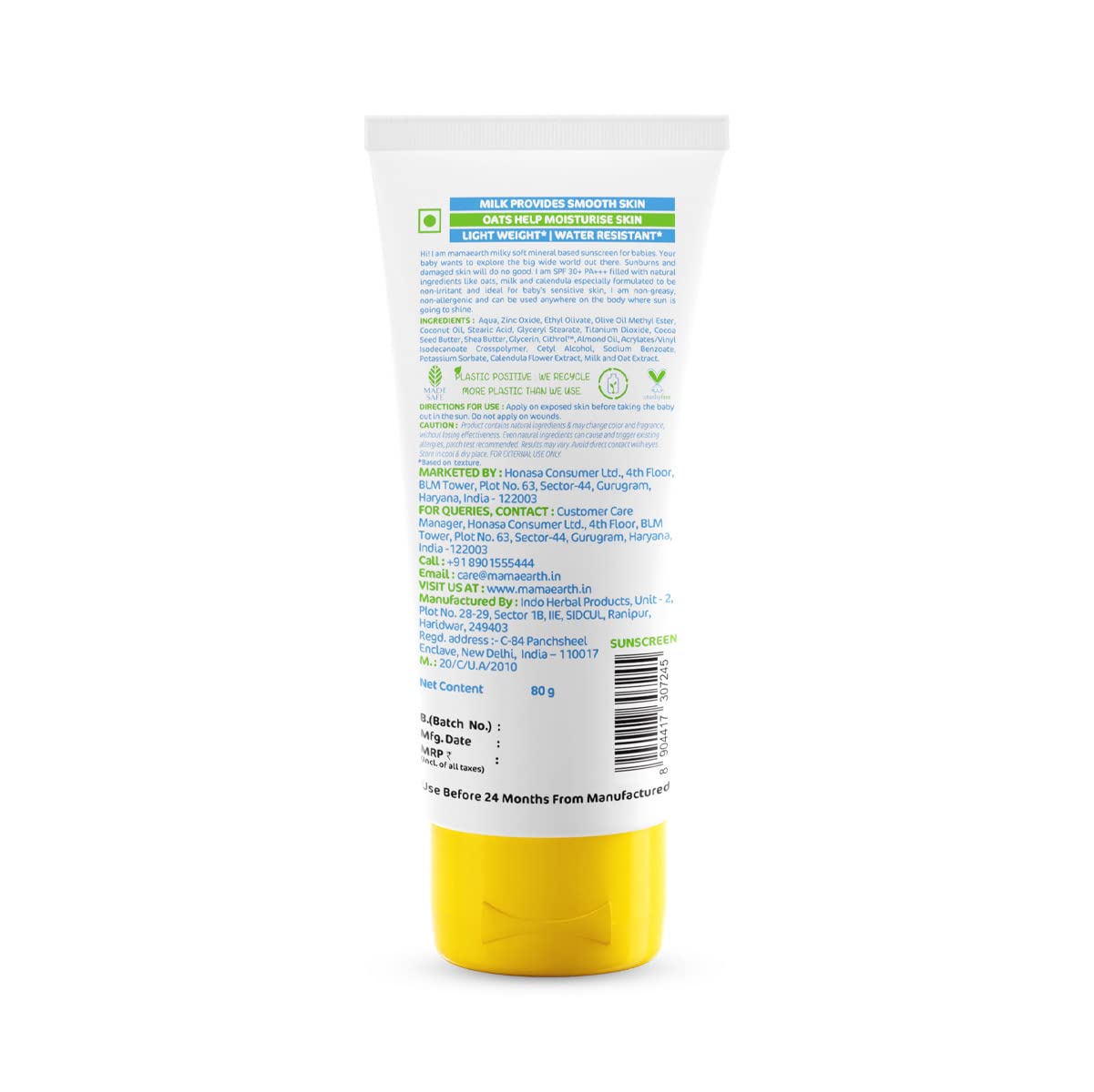 Mamaearth Milky Soft Mineral Based Sunscreen SPF 30 & PA+++ with Oats, Milk and Calendula for Babies - 80 g | Made Safe Certified | Toxin Free | Sun Protection