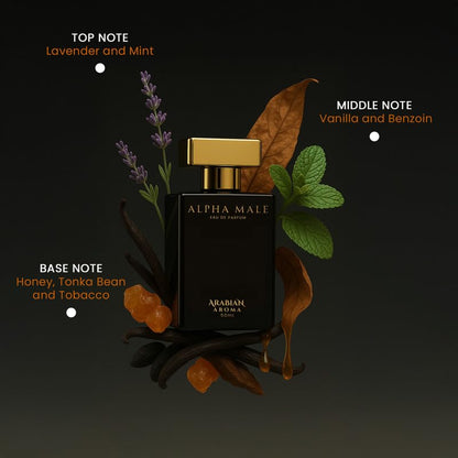 Perfume bottle labeled 'Alpha Male' with botanical elements on a dark background