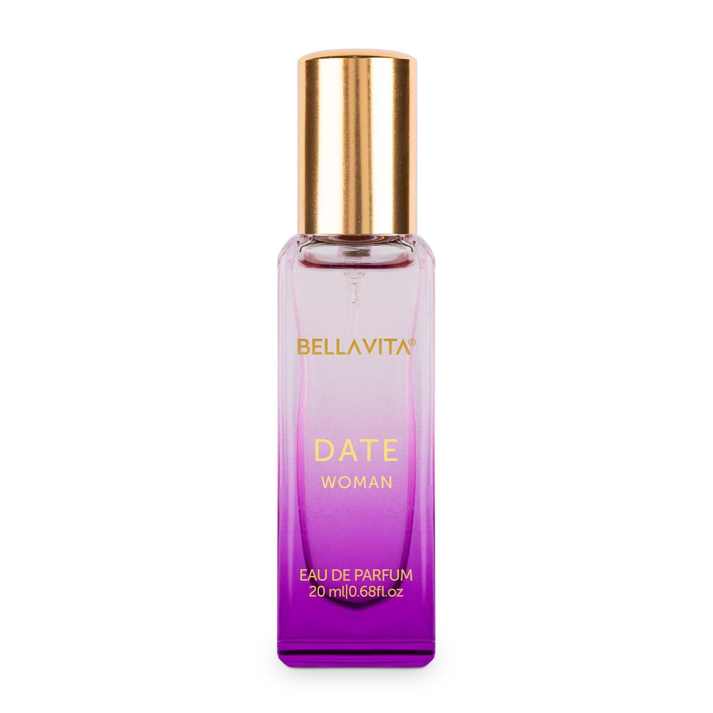 Purple perfume bottle with gold cap labeled 'BellaVita Date Woman' on a white background