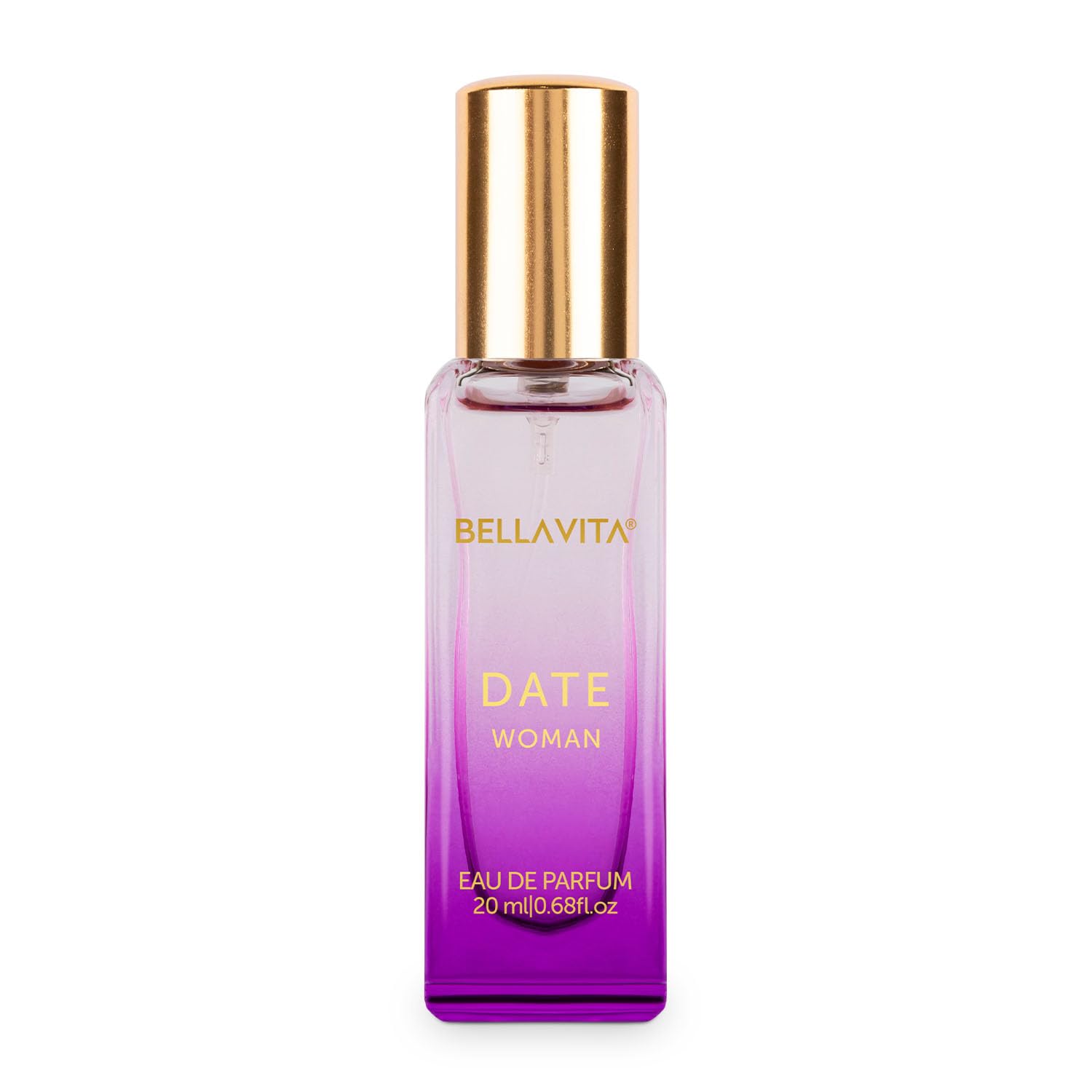 Purple perfume bottle with gold cap labeled 'BellaVita Date Woman' on a white background