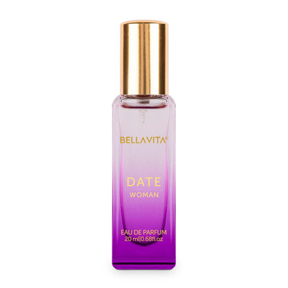Purple perfume bottle with gold cap labeled 'BellaVita Date Woman' on a white background