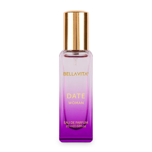 Purple perfume bottle with gold cap labeled 'BellaVita Date Woman' on a white background