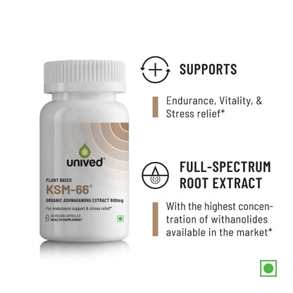 Zephivo Unived KSM-66 Ashwagandha | 600mg Vegan Full Spectrum Root Extract Standardized to 5% Withanolides | for Stress, Anxiety, Endurance, & Strength (30 Vegan Caps)
