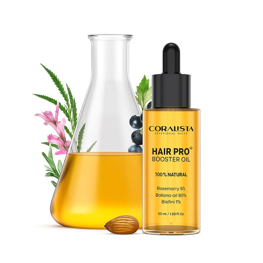 Hair Pro Booster Oil bottle with dropper andCEFCA glass container filled with oil on a white background