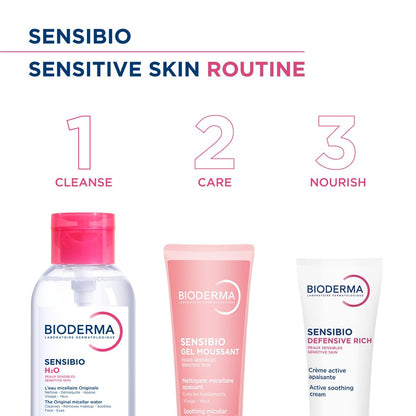 Bioderma Sensibio skincare products with steps for a sensitive skin routine on a white background.