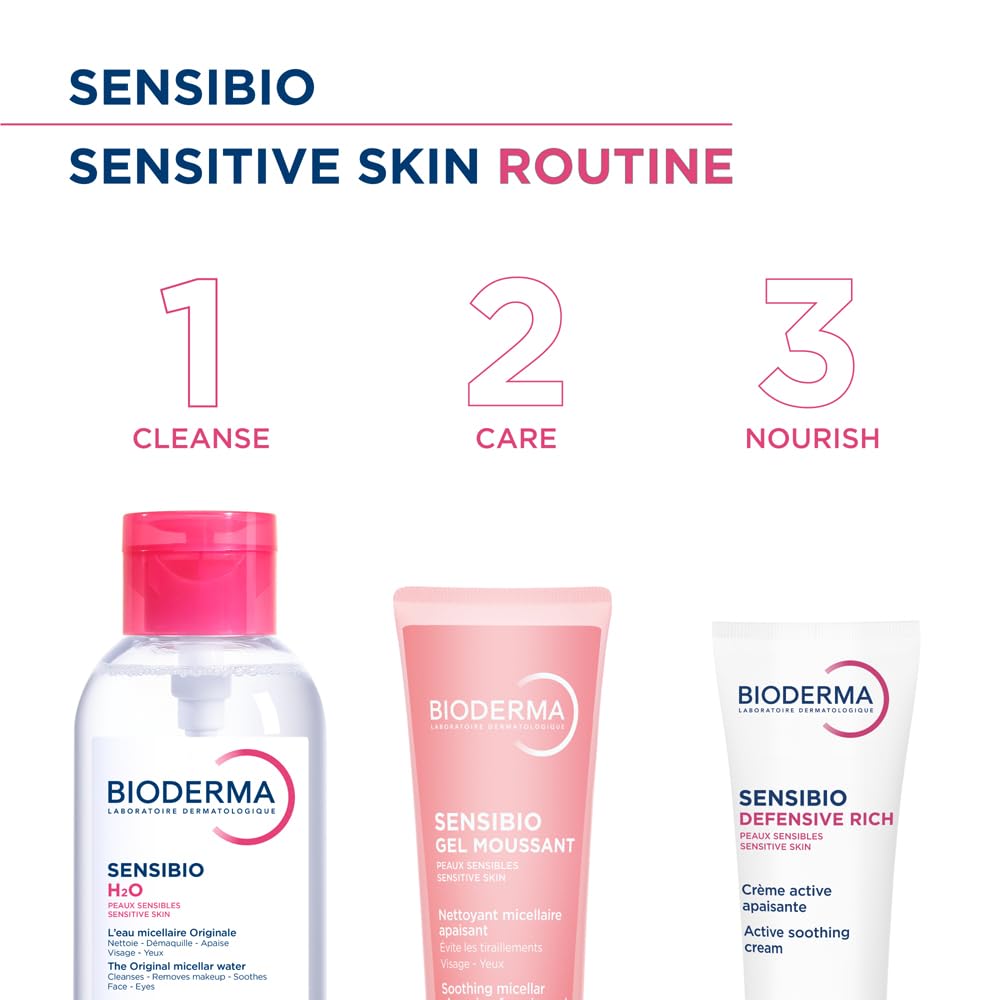 Bioderma Sensibio skincare products with steps for a sensitive skin routine on a white background.