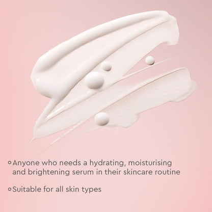 White skincare serum on a pink background with text about its benefits.