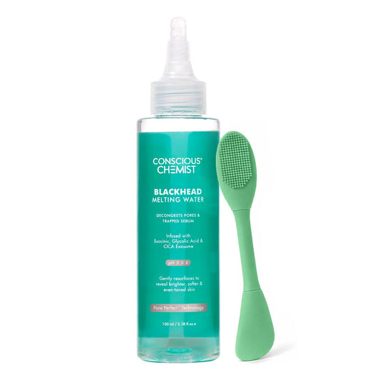 Bottle of 'Conscious Chemist' blackhead melting water with a green brush on a white background