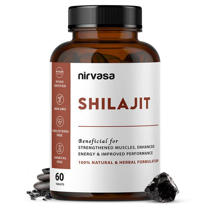 Nirvasa Shilajit Tablets (500mg, 60 Tab) | Pure Himalayan Shilajeet Extract | Supports Muscle Strength, Stamina, Endurance & Energy | Improves Performance, Vitality & Immunity | Men & Women
