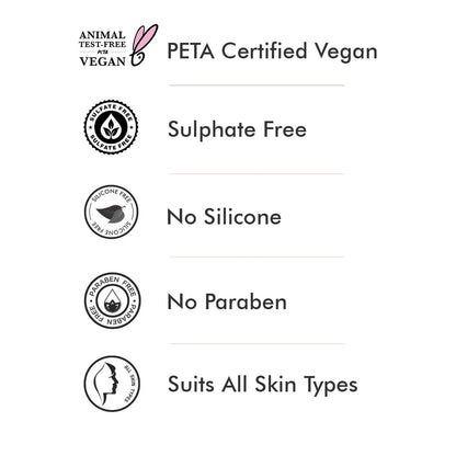 List of product features including PETA certification, sulfate-free, no silicone, no paraben, and suitability for all skin types on a white background.