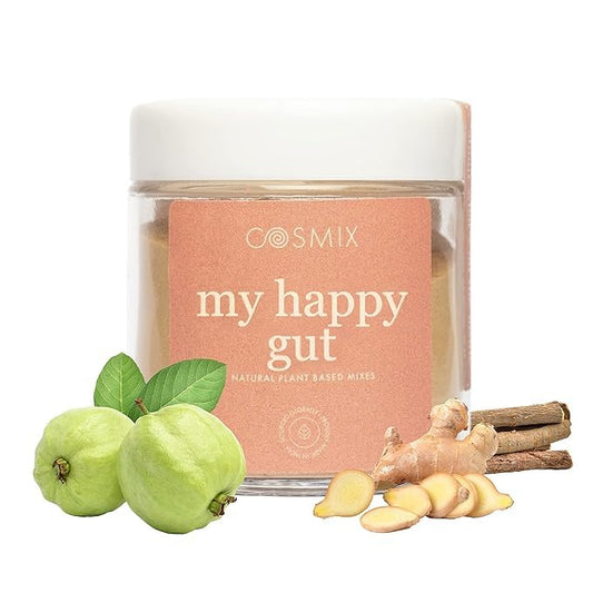 Cosmix My Happy Gut Prebiotic & Probiotic | Mulethi, Triphala, Guava & Papaya for Gut Health | Helps Acidity, Digestion, Bloating & IBS Relief | No Added Sugar or Preservatives | 60g Jar, 40 Servings