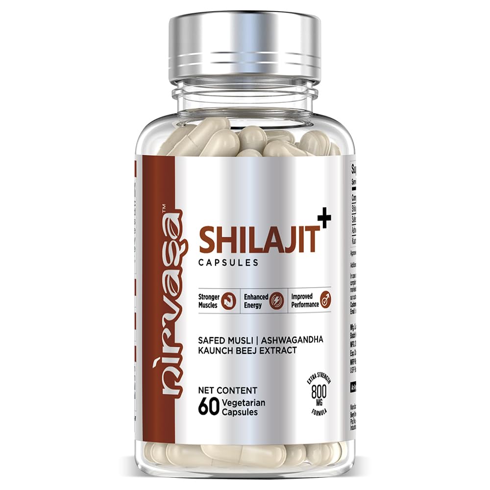 Nirvasa Pure Shilajit/Shilajeet (800mg) 60 Capsules | Boost Strength, Stamina, Energy & Immunity | Supports Vitality, Performance & Muscle Growth | Ashwagandha, Safed Musli & Kaunch Beej
