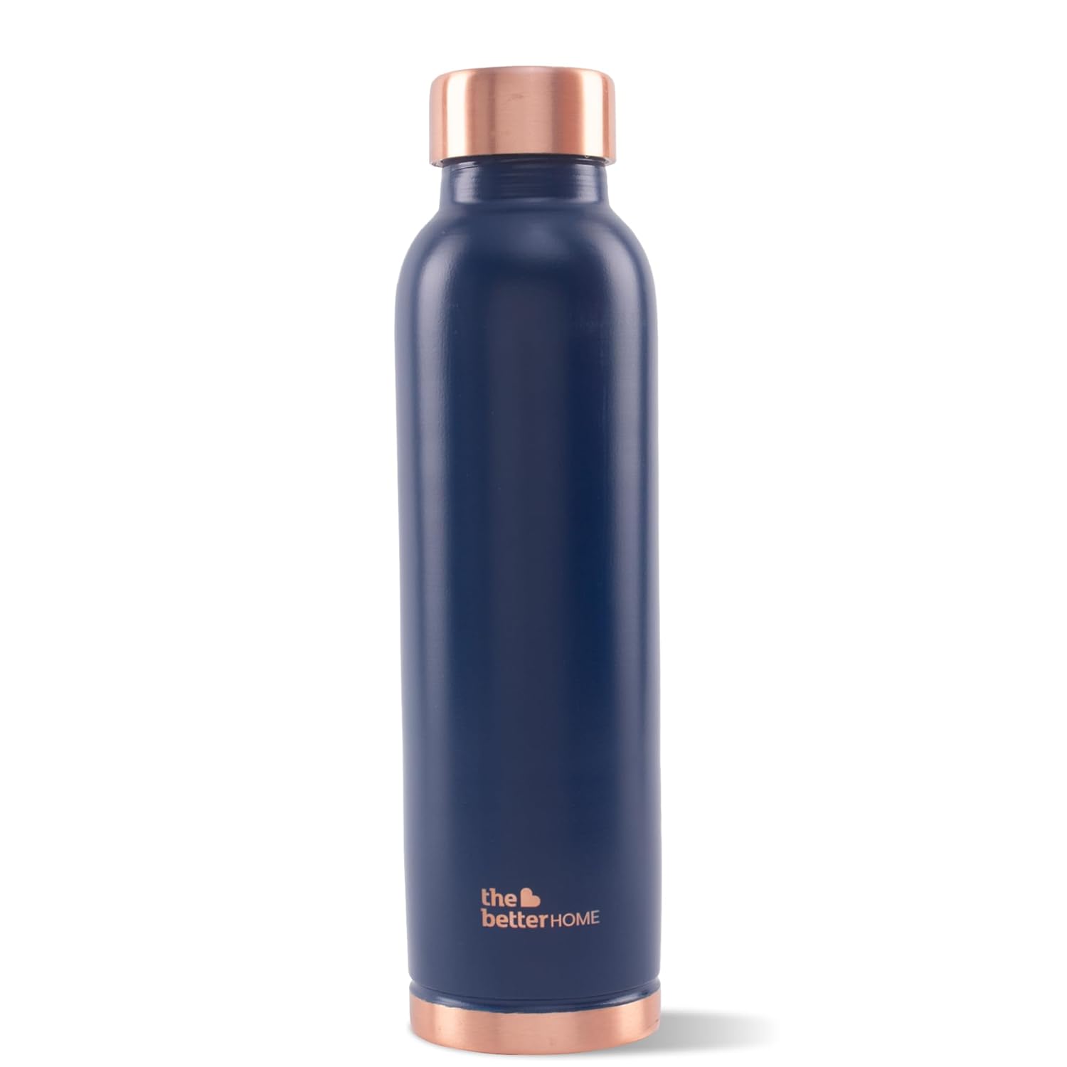Navy blue water bottle with rose gold cap on a white background