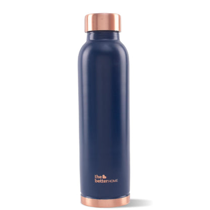 Navy blue water bottle with rose gold cap on a white background