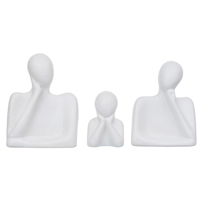 eCraftIndia Set of 3 White Ceramic Handcrafted Happy Family Statue Sculpture | Thinking Face People Figurines Home Decor Items Showpiece for Living Room Bedroom Table Shelf TV Unit | Gift for Birthday