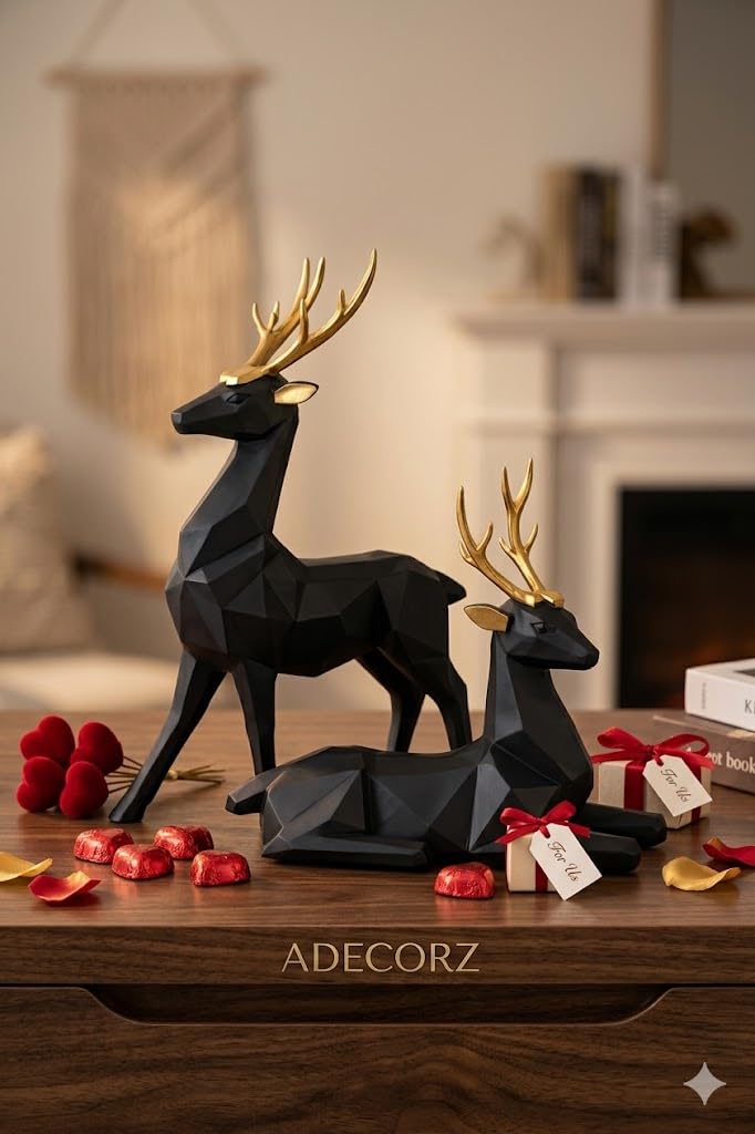 Decorative Resin Deer Figurines, Resin, 25 cm Height, Set of 2, Standing and Sitting Deer Statues Geometric Showpiece for Home Decor | Housewarming Gift (Black)