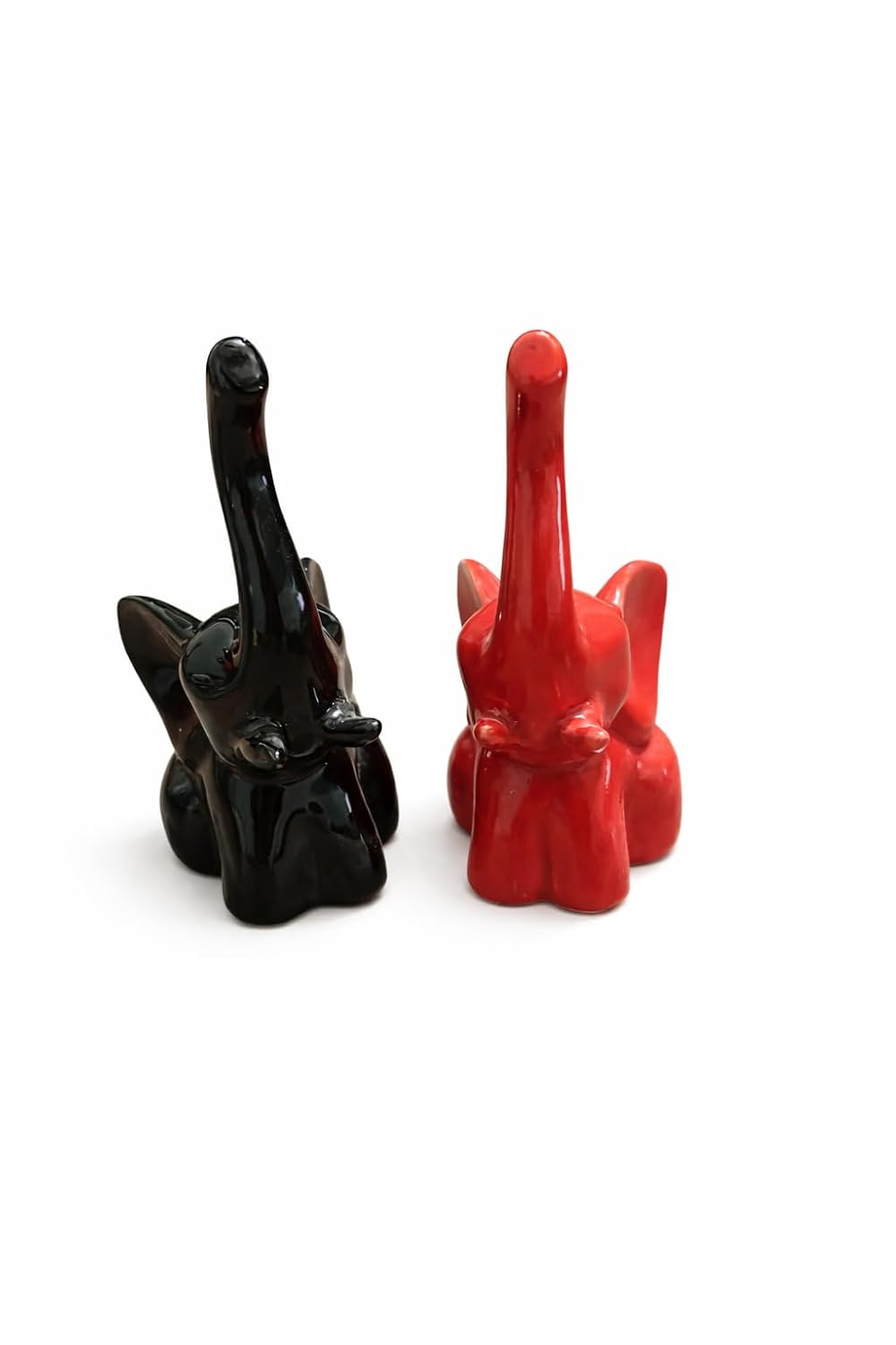 Ceramic Elephant Figurines, Set of 2, Black and Red, Glossy Finish, Trunk Up, Home Decor Sculptures