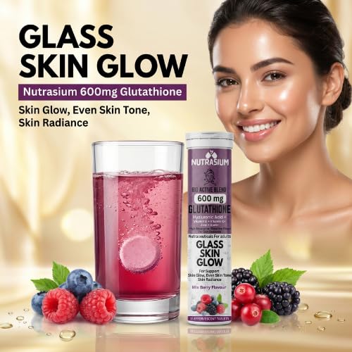 Nutrasium Glutathione Tablets for Skin Glow & Even Skin Tone | 600 mg L-Glutathione Reduced with Hyaluronic Acid, Vitamin C & E, Zinc & Biotin | 15 Effervescent Tablets, Mixed Berry Flavour