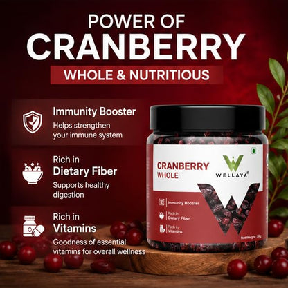 WELLAYA Premium Dried Whole Cranberries | No Fat and Low Calories | High Nutrient and Antioxidant Cranberry Whole Superfood Berries