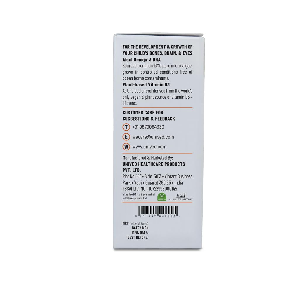 Zephivo Unived Ovegha D3 Kids, Vegan Algae Omega-3 DHA with Plant-Based Vitamin D3, 250mg DHA & 600 I.U. D3, Liquid Dropper, Natural Orange Flavour, 30 servings
