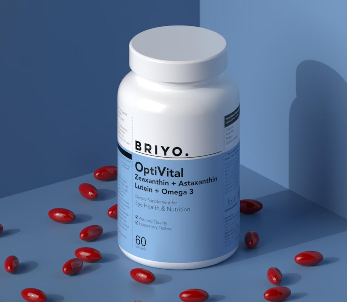 BRIYO OptiVital supplement bottle with red capsules on a blue background
