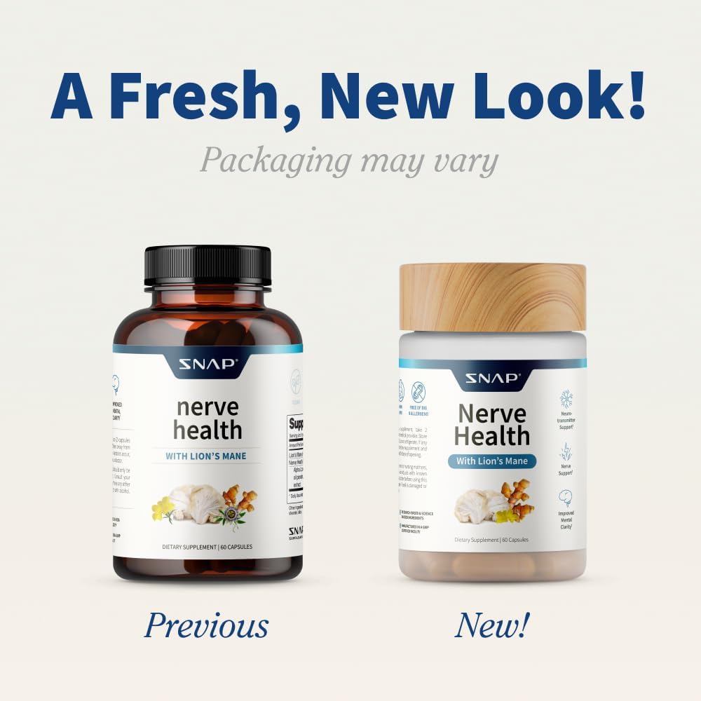 Two SNAP nerve health supplement bottles, one labeled 'Previous' and the other 'New!', on a white background.