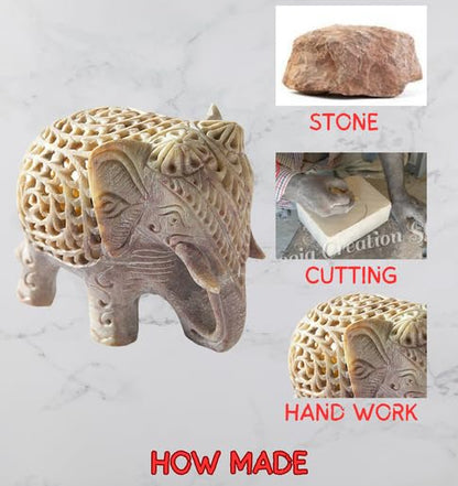 Shopstone Elephant Figurines Handmade in Jali Or Openwork from A Single Block of Stone from India, White, 3 inch