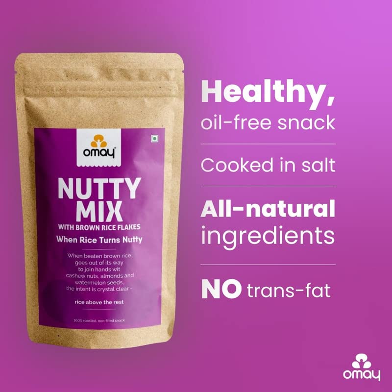 Omay Foods Nutty Mix, 400g Pouch | Brown Rice Chivda with Cashews, Almonds and Watermelon Seeds | Chatpata Trail Mix | Oil Free Roasted Snack | Healthy Namkeen | Weight Loss Snack