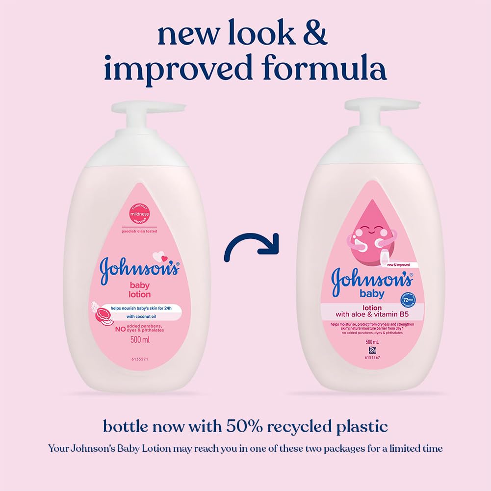 Two bottles of Johnson's Baby Lotion with a pink label on a light pink background, featuring text about new look, improved formula, and recycled plastic content.