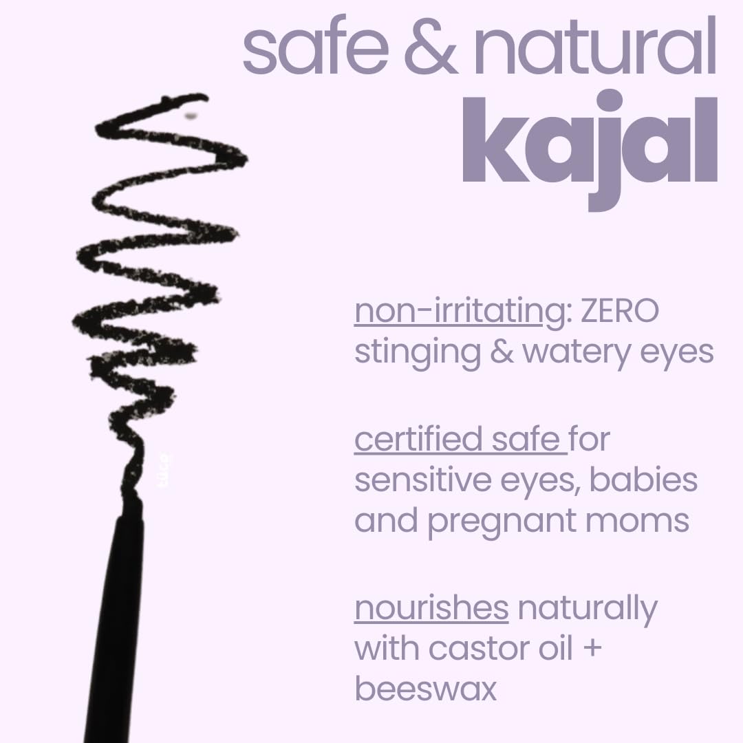 Kajal pencil with text highlighting safety and natural ingredients on a white background