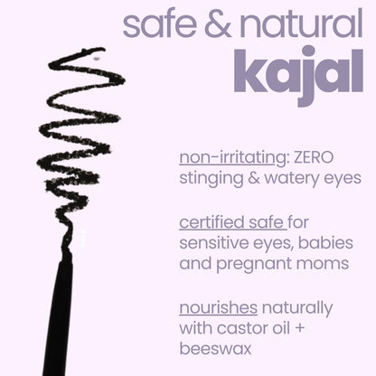 Kajal pencil with text highlighting safety and natural ingredients on a white background