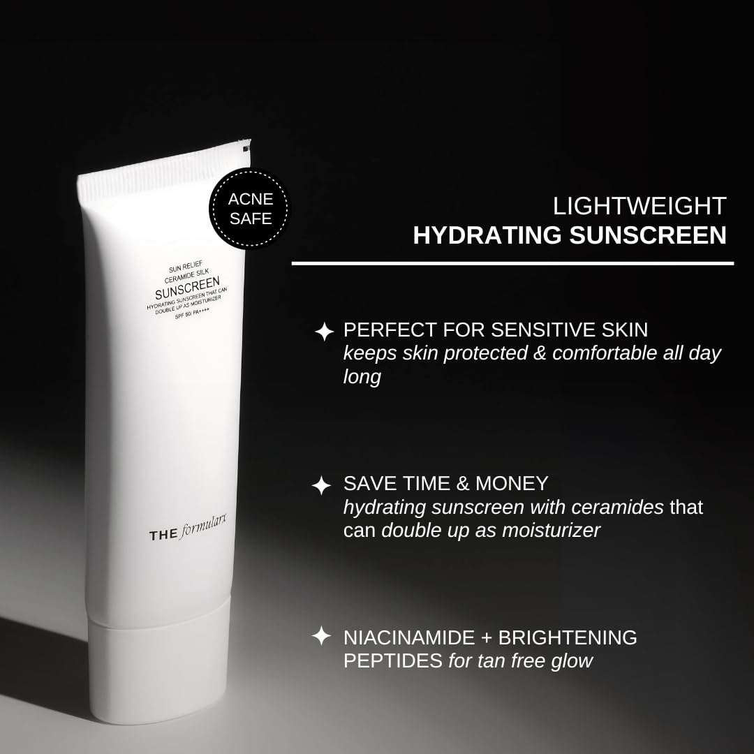 The Formularx Sun Relief Ceramide Sunscreen SPF 50 PA++++ | Broad Spectrum UV & Blue Light Protection | For Oily, Acne prone, Sensitive Skin | Brightening Barrier Care with Niacinamide, Hyaluronic acid, & Peptides | 50g