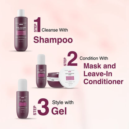 Hair care product set with shampoo, mask, and gel on a pink background