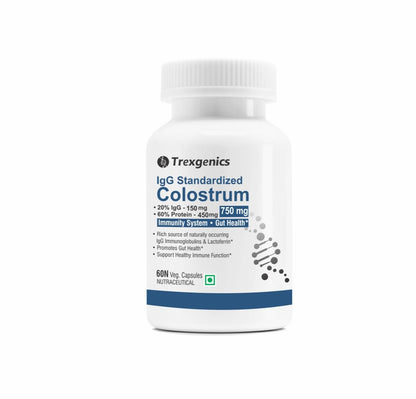 Trexgenics IgG Standardized Colostrum supplement bottle on a white background