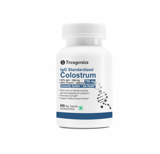 Trexgenics IgG Standardized Colostrum supplement bottle on a white background