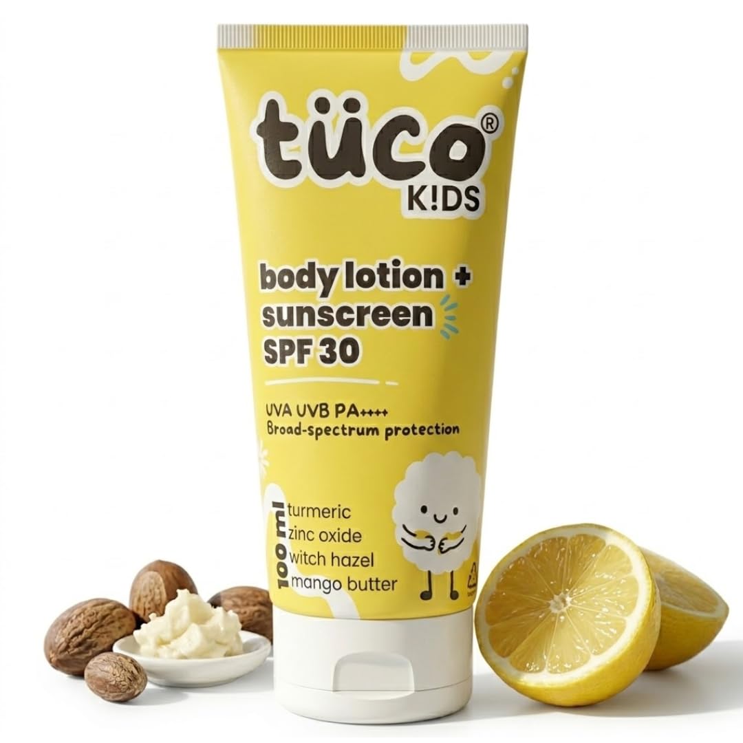 Tuco Kids SPF 30 Sunscreen Lotion for Kids, Body & Face, PA++++, 100ml | UVA/UVB Broad Spectrum. Turmeric & Mango Butter. No Benzophenone-3 or Avobenzone. Water Resistant. Safe for Ages 5-15.