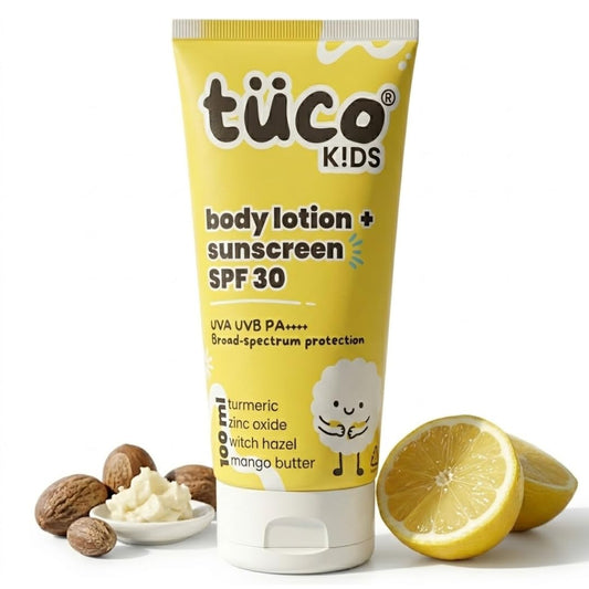 Tuco Kids SPF 30 Sunscreen Lotion for Kids, Body & Face, PA++++, 100ml | UVA/UVB Broad Spectrum. Turmeric & Mango Butter. No Benzophenone-3 or Avobenzone. Water Resistant. Safe for Ages 5-15.