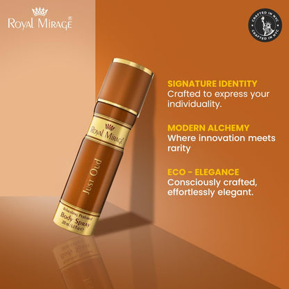 Royal Mirage body spray on an orange background with brand text.