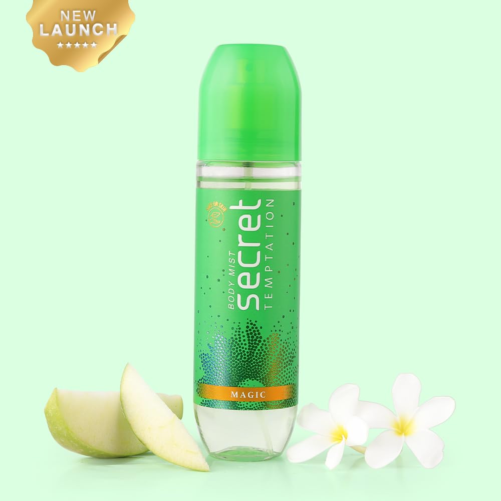 Green deodorant spray bottle with 'Secret' branding on a light green background
