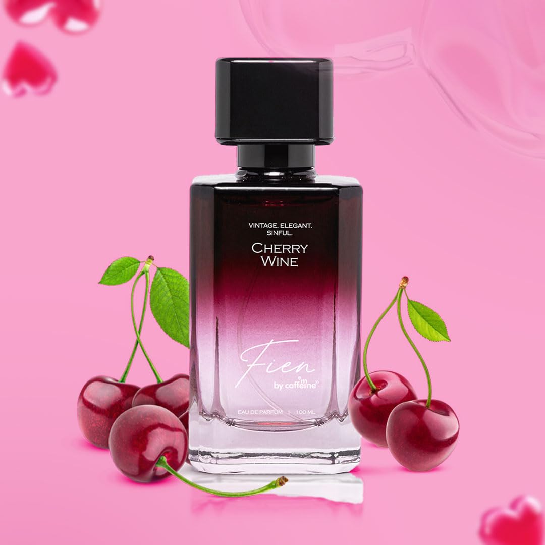 Perfume bottle labeled 'Cherry Wine' with cherries on a pink background