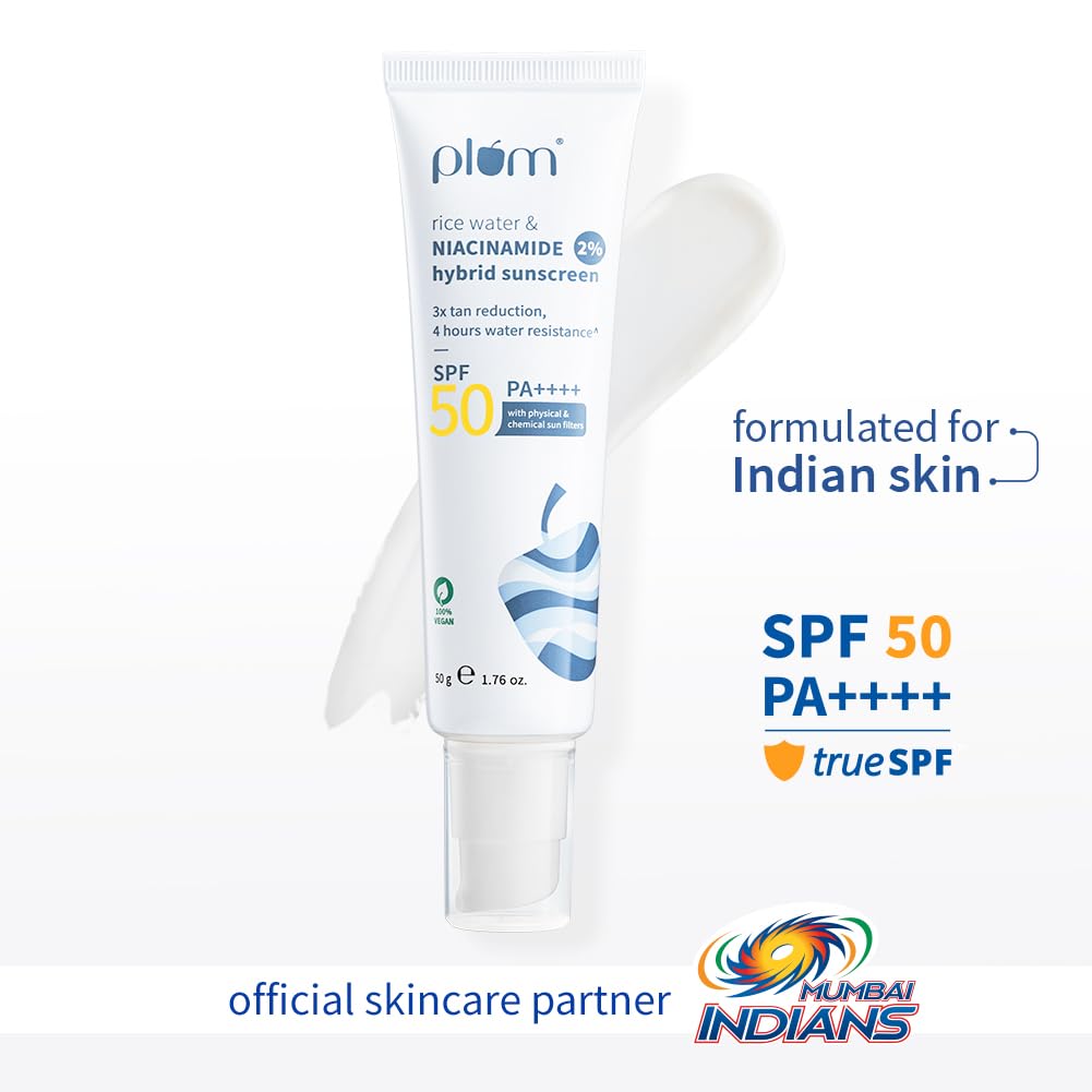 Plum SPF 50 PA++++ Sunscreen with 2% Niacinamide & Rice Water | In-Vivo Tested | Lightweight, No White Cast | Broad Spectrum UVA/UVB protection | Brightens Skin, Reduces Tan | Oily & Dry Skin | 50g