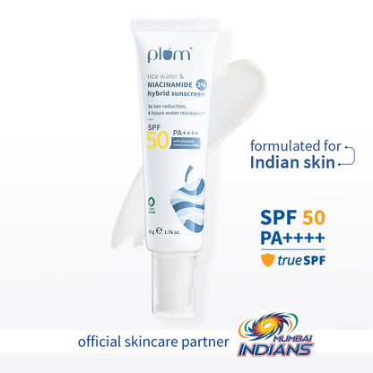 Plum SPF 50 PA++++ Sunscreen with 2% Niacinamide & Rice Water | In-Vivo Tested | Lightweight, No White Cast | Broad Spectrum UVA/UVB protection | Brightens Skin, Reduces Tan | Oily & Dry Skin | 50g