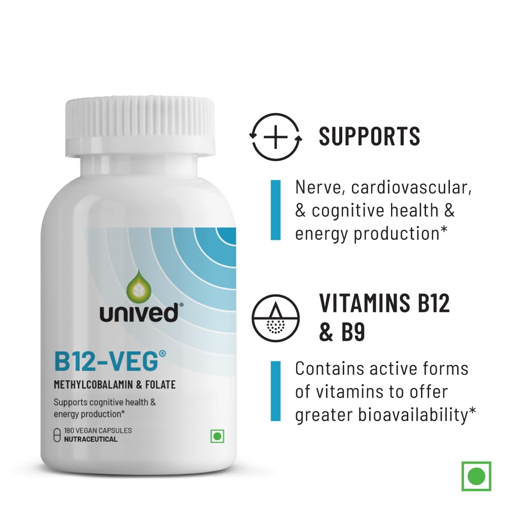Zephivo Unived Vitamin B12 Veg, Methylcobalamin (98%), with Methyltetrahydrofolate (5-MTHF), Brain Cells & Nerve Tissue Support, 180 Vegan Capsules

