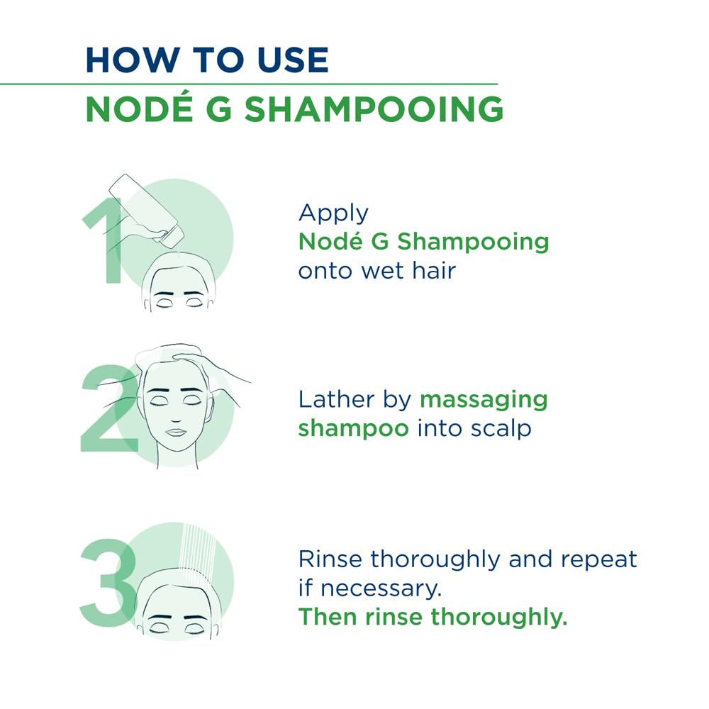 Instructions on how to use Nodé G Shampooing with step-by-step illustrations.