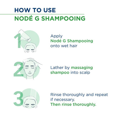Instructions on how to use Nodé G Shampooing with step-by-step illustrations.