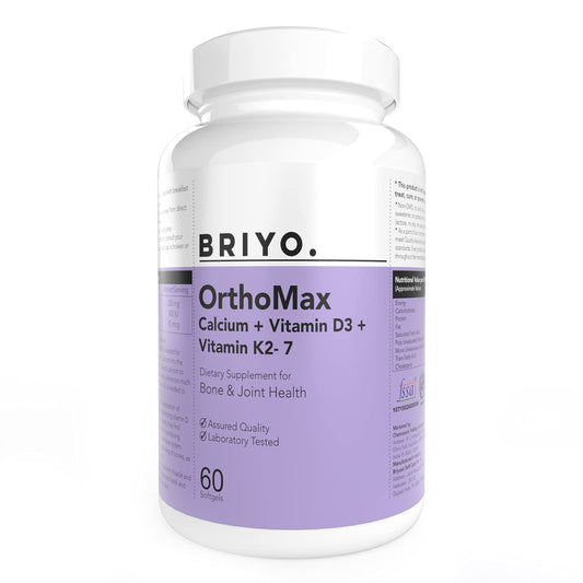 Supplement bottle labeled 'BRIYO. OrthoMax' on a white background