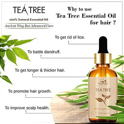 Tea tree essential oil bottle with benefits listed on a white background
