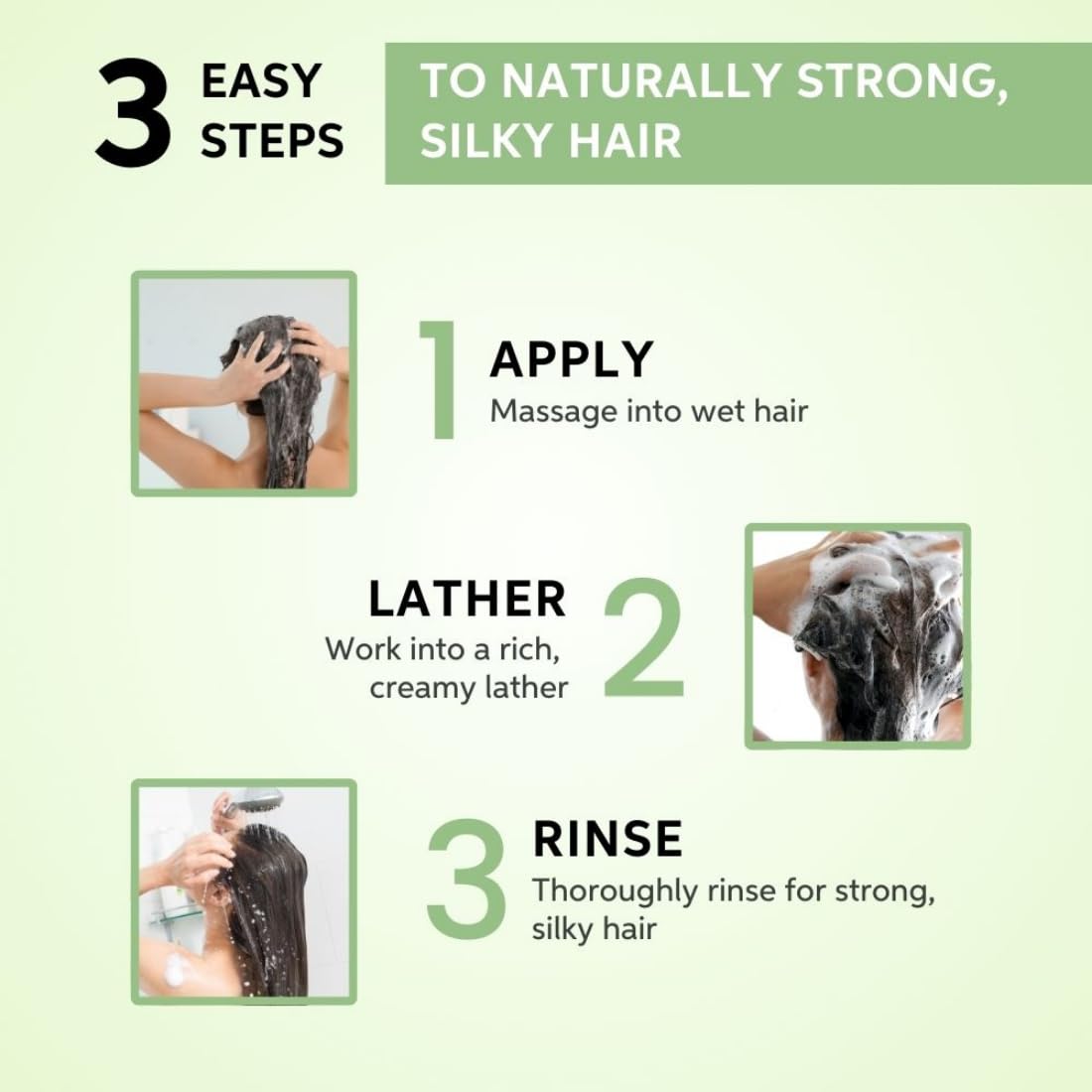 Instructions for naturally strong, silky hair with three easy steps on a green background.